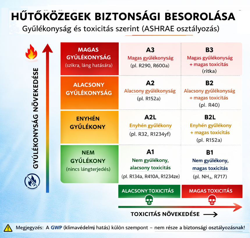Hűtőközegek biztonsági osztályainak szakmai illusztrációja