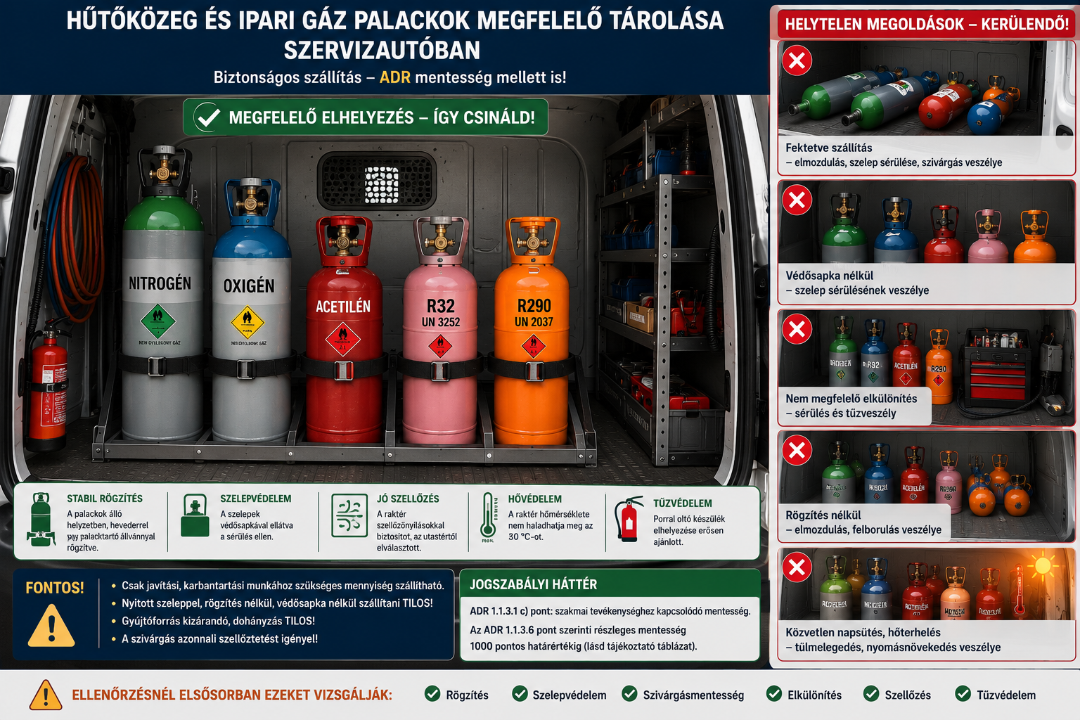 Gázpalackok és hűtőközeg-palackok rögzítése szervizautóban